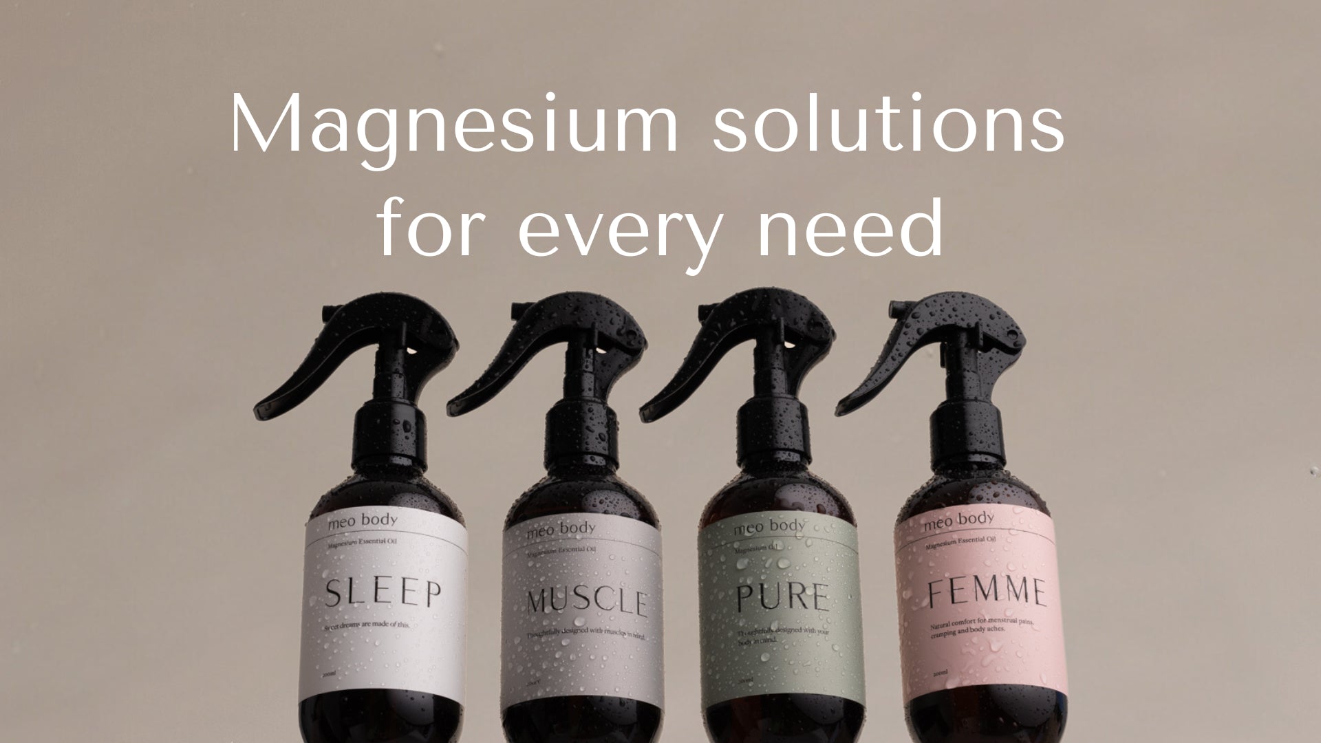 Meo Body's Sleep, Muscle, Pure, and Femme magnesium sprays lined up left to right. 